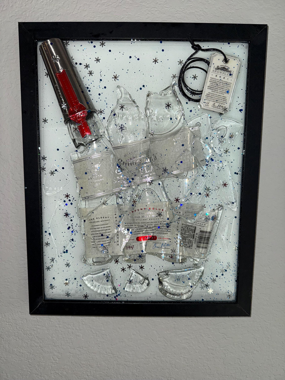 Stranahan’s Snowflake 2021 Single Malt Whiskey broken bottle wall art