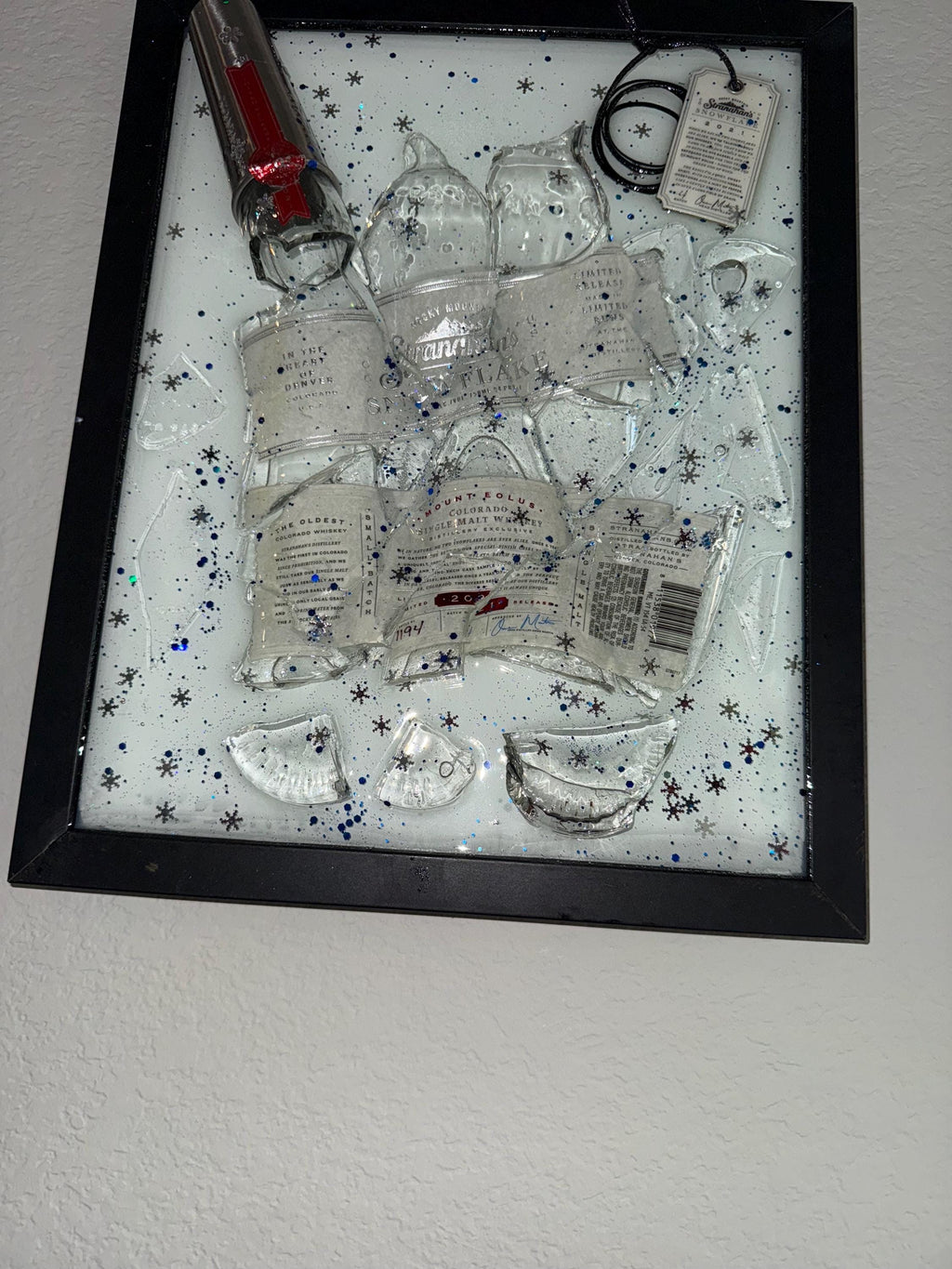 Stranahan’s Snowflake 2021 Single Malt Whiskey broken bottle wall art