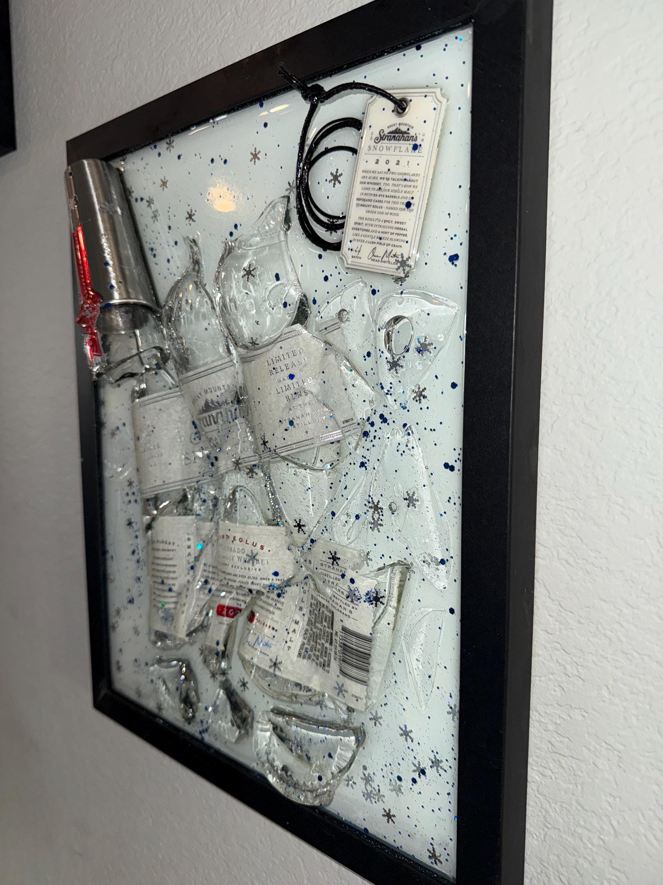 Stranahan’s Snowflake 2021 Single Malt Whiskey broken bottle wall art
