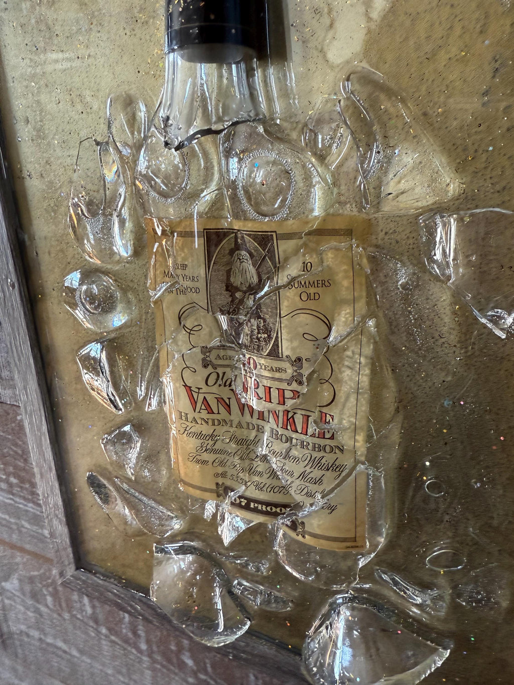 Old RIP Van Winkle 10 year old Bourbon Whiskey broken bottle wall art