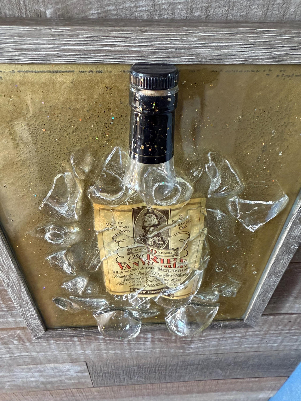 Old RIP Van Winkle 10 year old Bourbon Whiskey broken bottle wall art