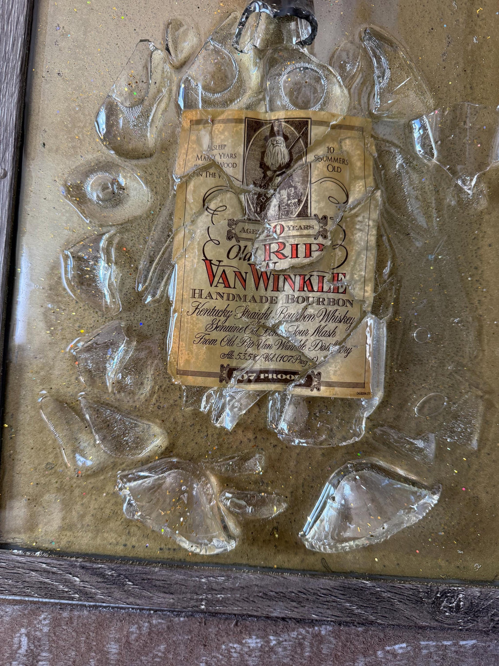 Old RIP Van Winkle 10 year old Bourbon Whiskey broken bottle wall art