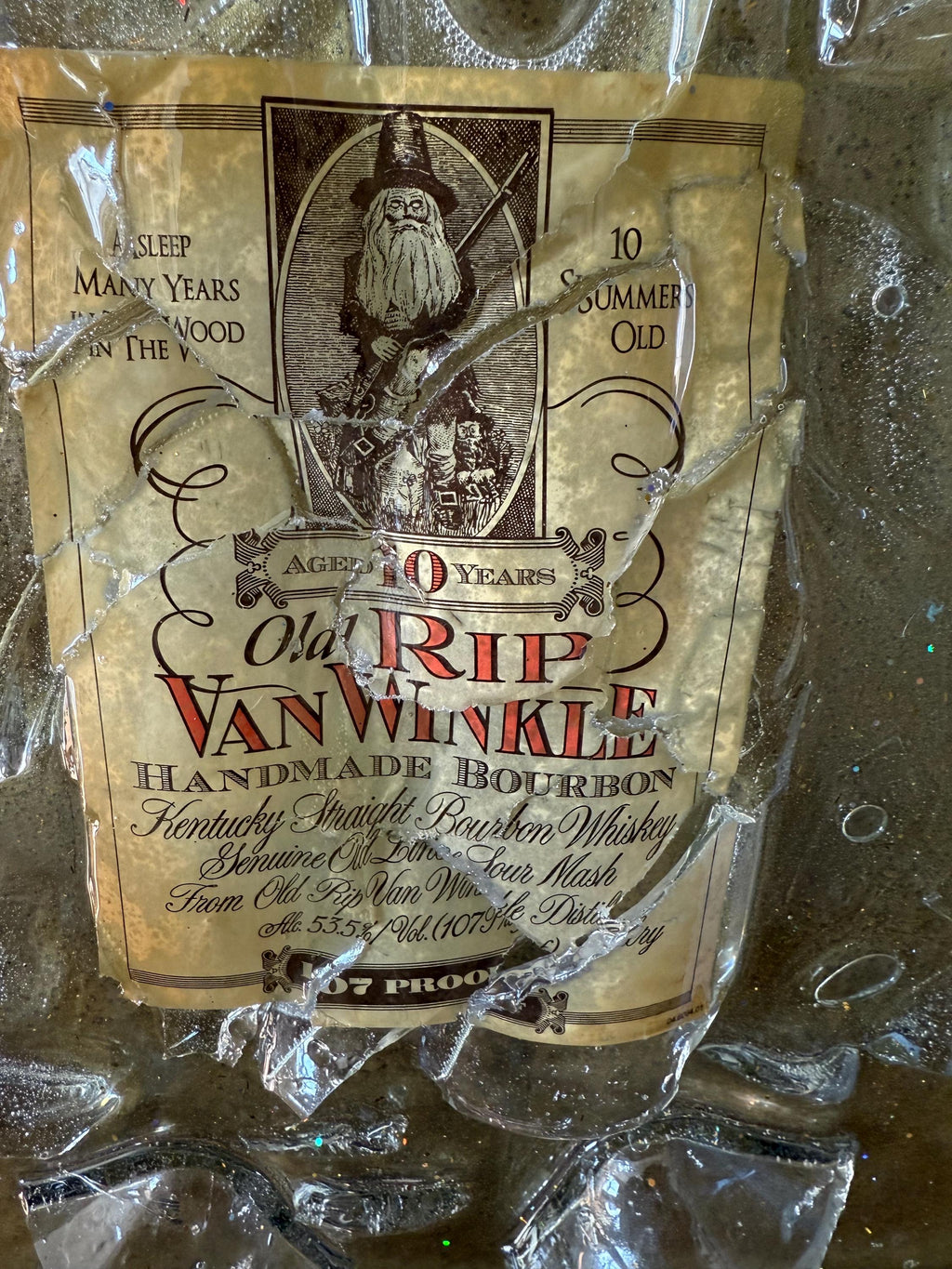 Old RIP Van Winkle 10 year old Bourbon Whiskey broken bottle wall art