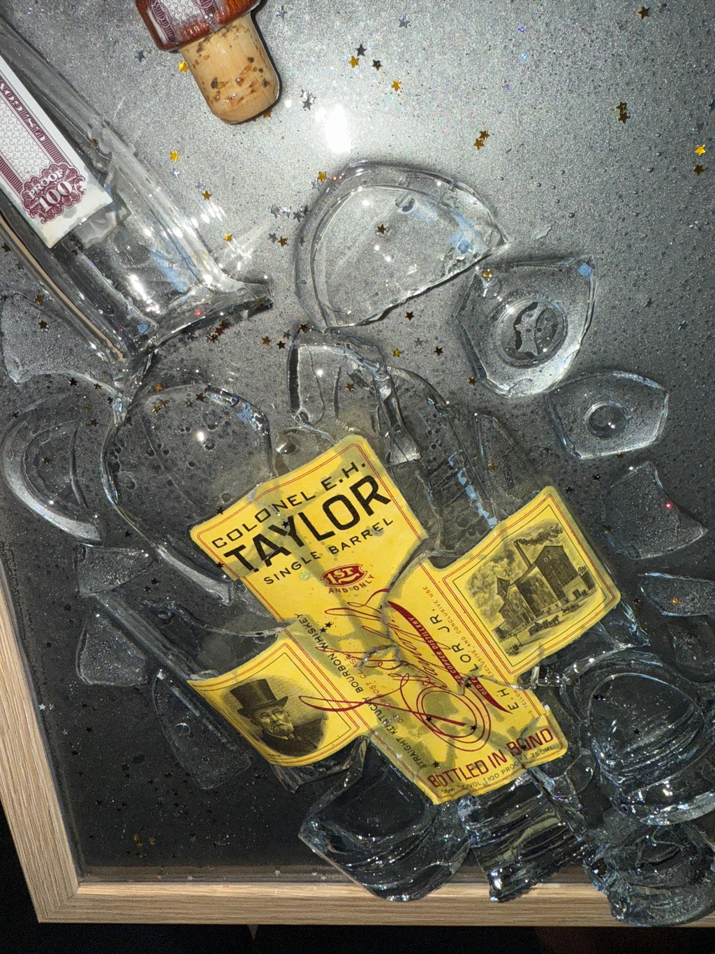Colonel E.H. Taylor Single Barrel Bottled In Bond Bourbon/Whiskey broken bottle wall art
