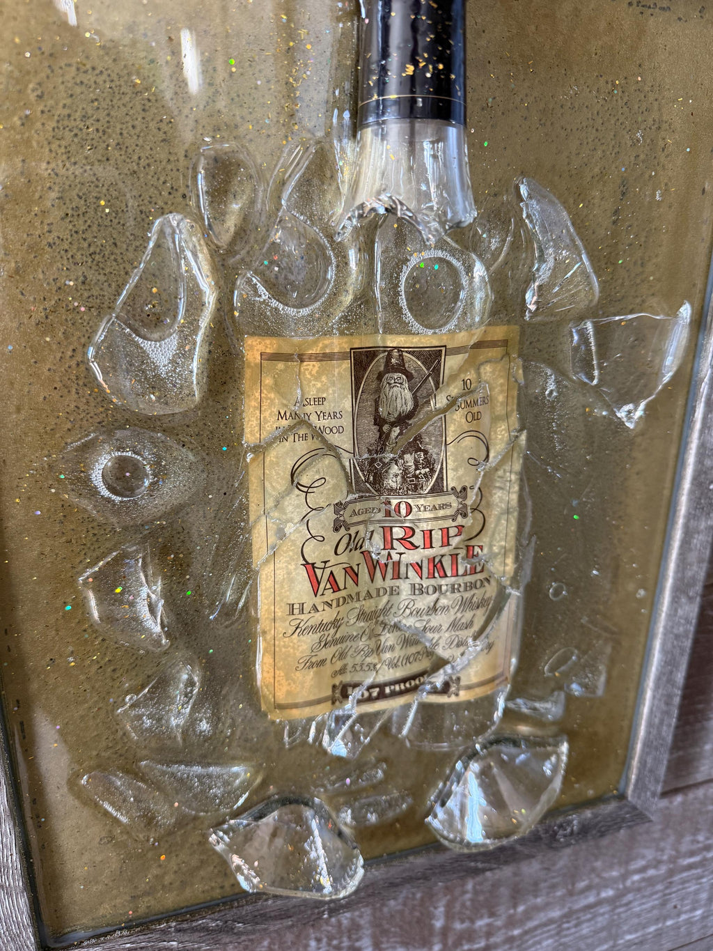 Old RIP Van Winkle 10 year old Bourbon Whiskey broken bottle wall art