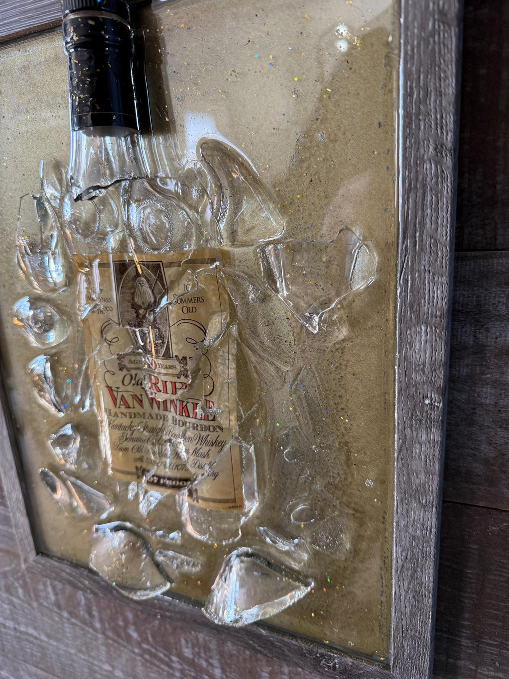 Old RIP Van Winkle 10 year old Bourbon Whiskey broken bottle wall art