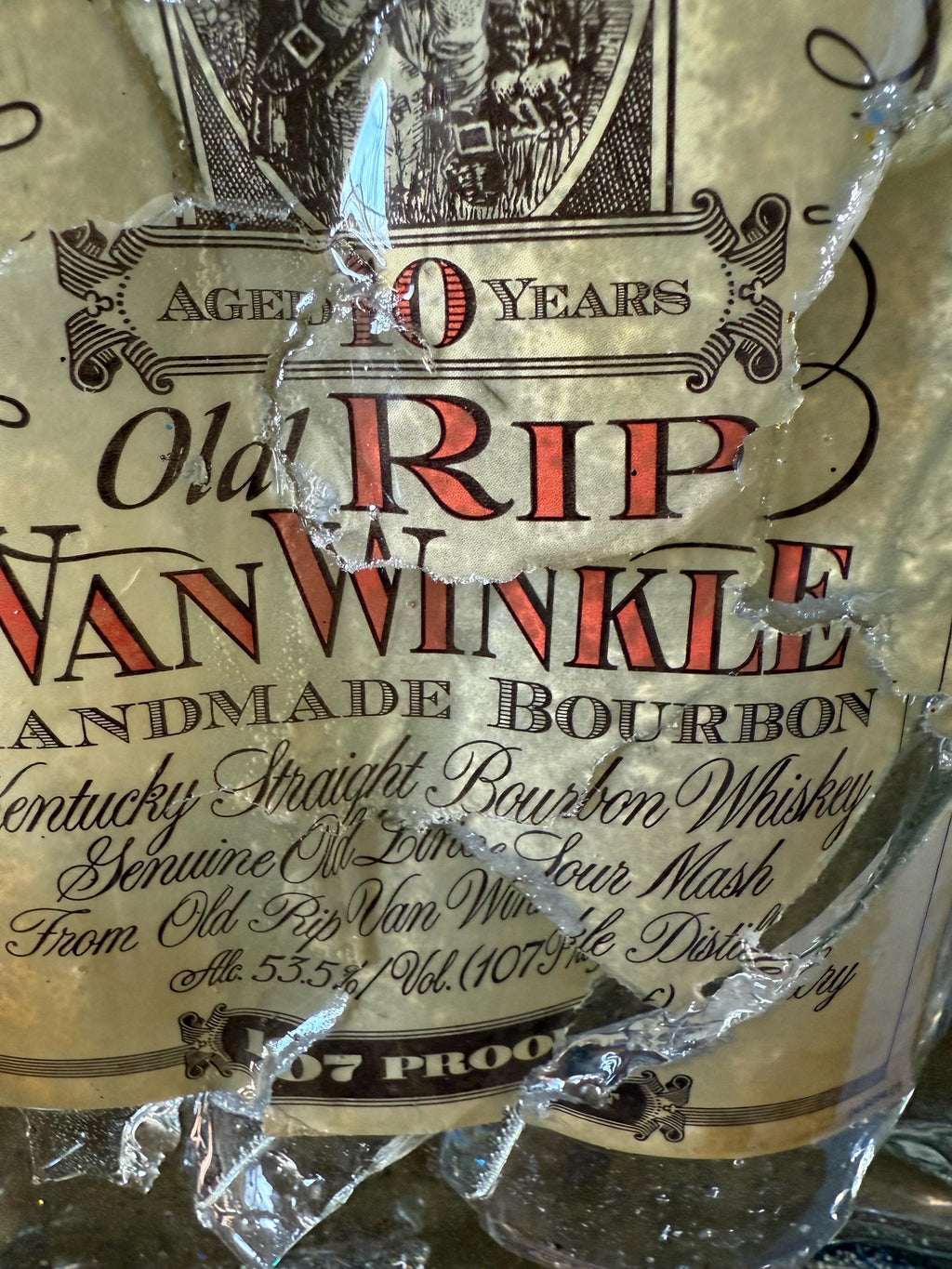 Old RIP Van Winkle 10 year old Bourbon Whiskey broken bottle wall art