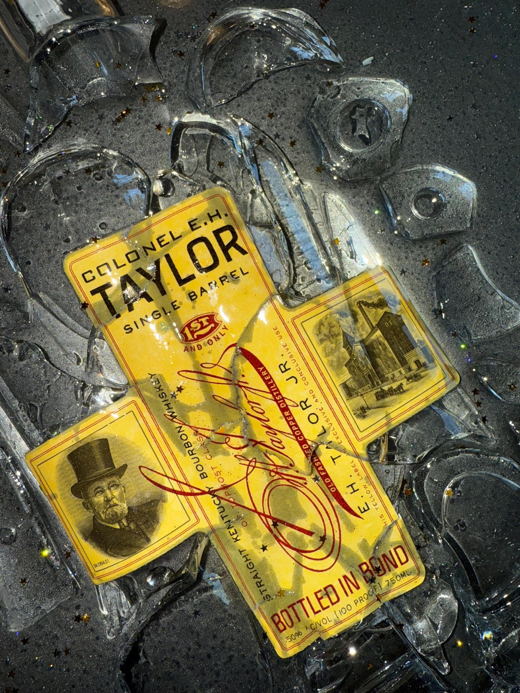 Colonel E.H. Taylor Single Barrel Bottled In Bond Bourbon/Whiskey broken bottle wall art