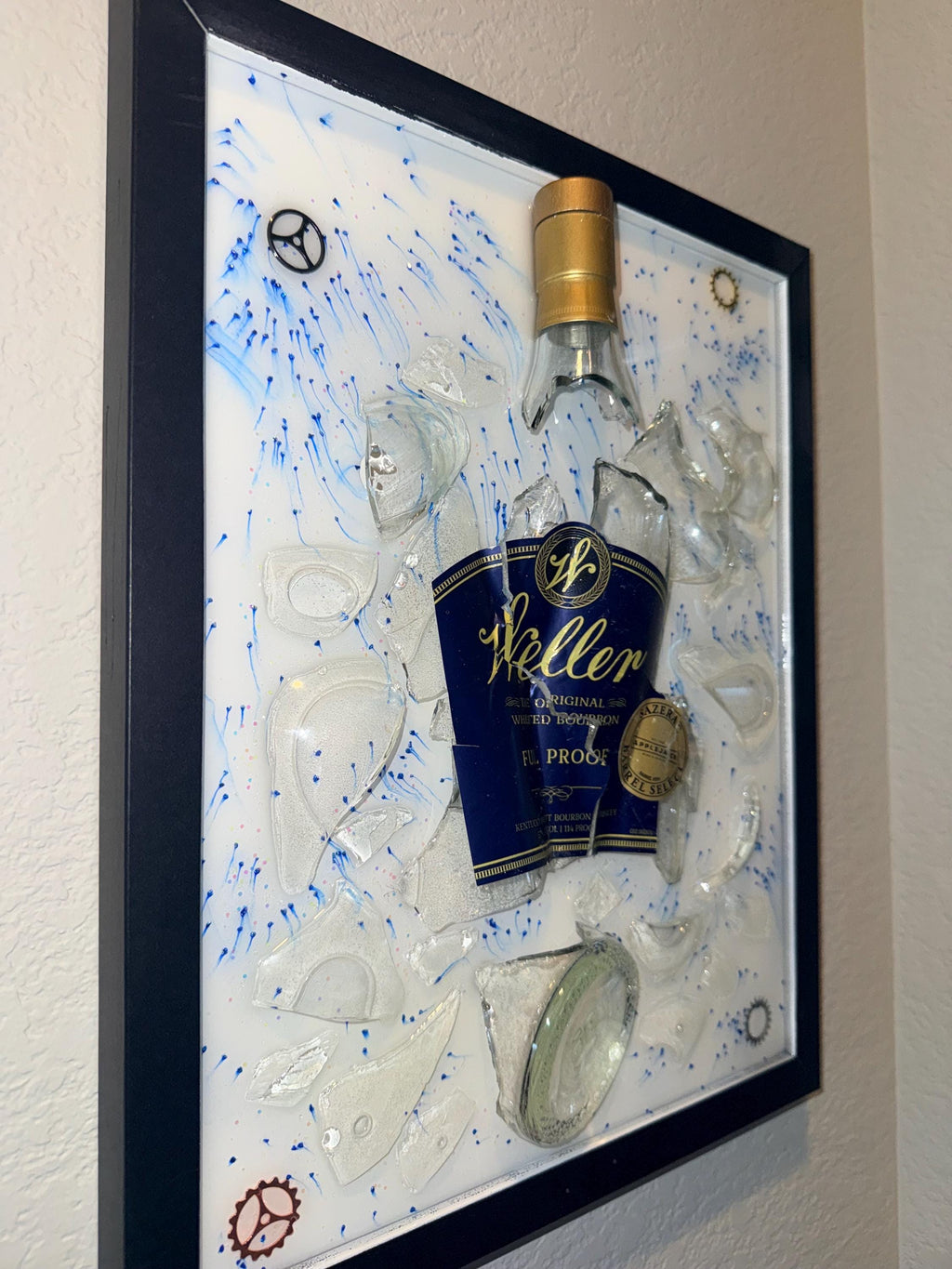 Weller Full Proof Bourbon Whiskey broken bottle wall art