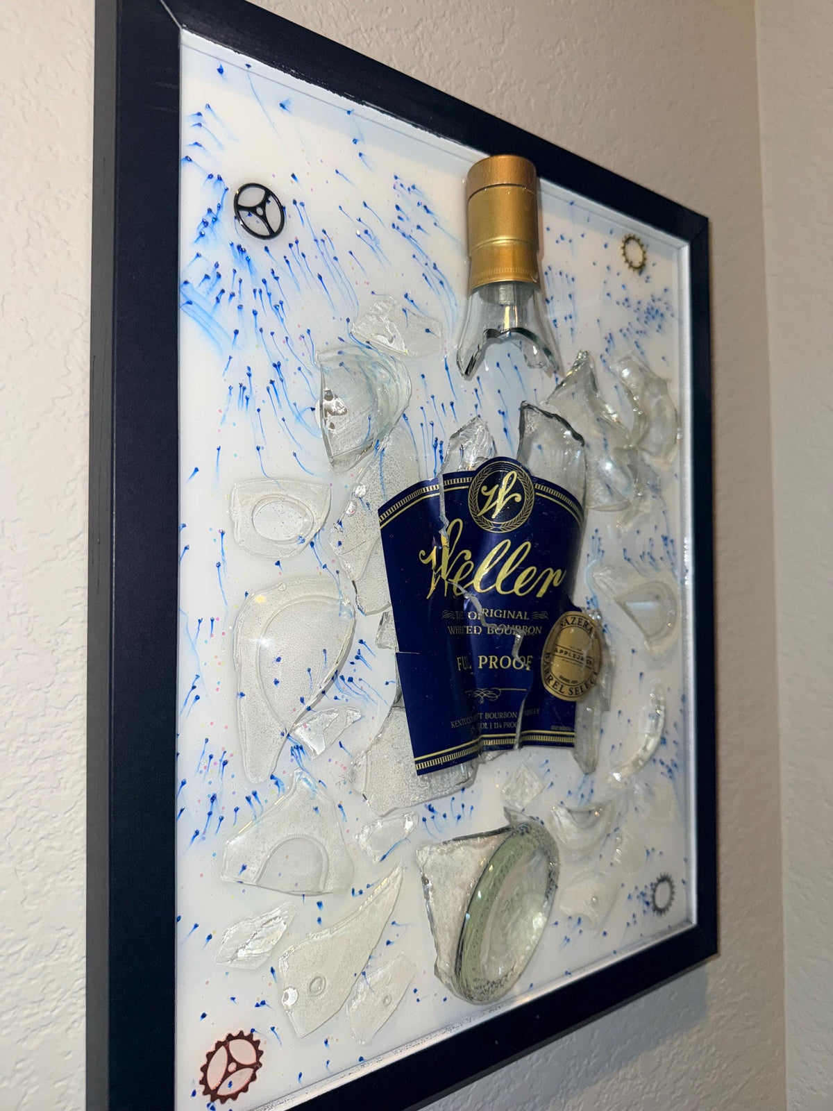 Weller Full Proof Bourbon Whiskey broken bottle wall art