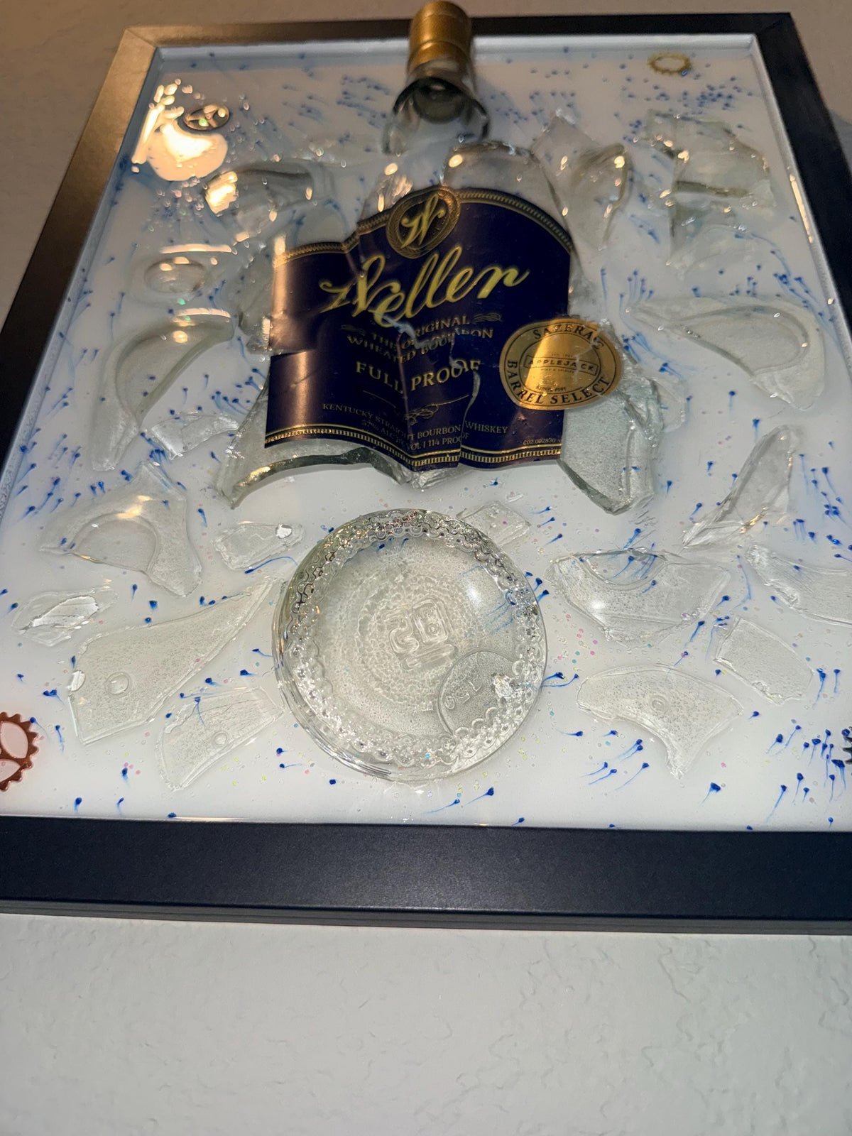 Weller Full Proof Bourbon Whiskey broken bottle wall art