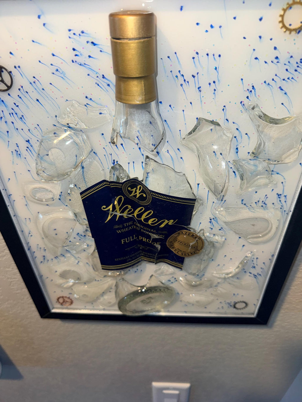 Weller Full Proof Bourbon Whiskey broken bottle wall art