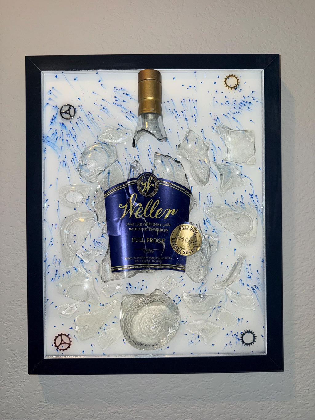 Weller Full Proof Bourbon Whiskey broken bottle wall art