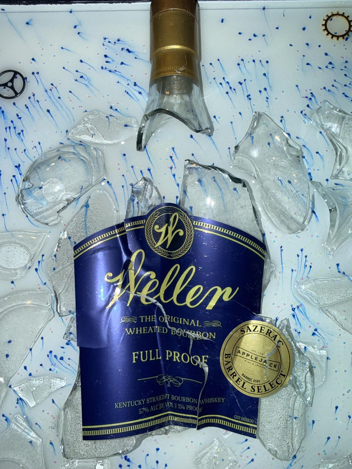 Weller Full Proof Bourbon Whiskey broken bottle wall art