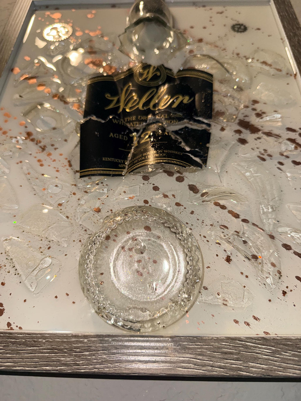Weller 12 Year Black Label Bourbon Whiskey broken bottle wall art