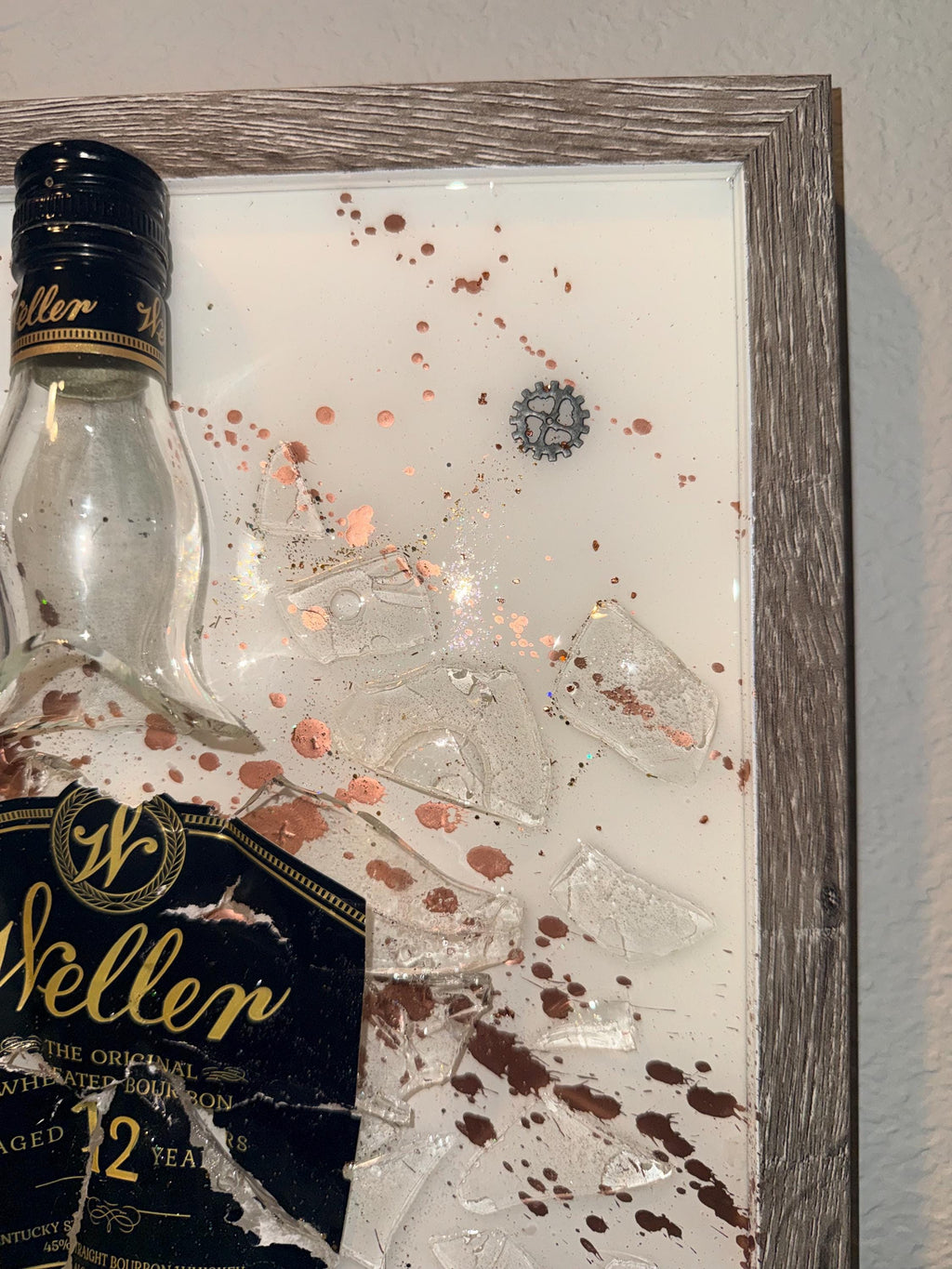 Weller 12 Year Black Label Bourbon Whiskey broken bottle wall art