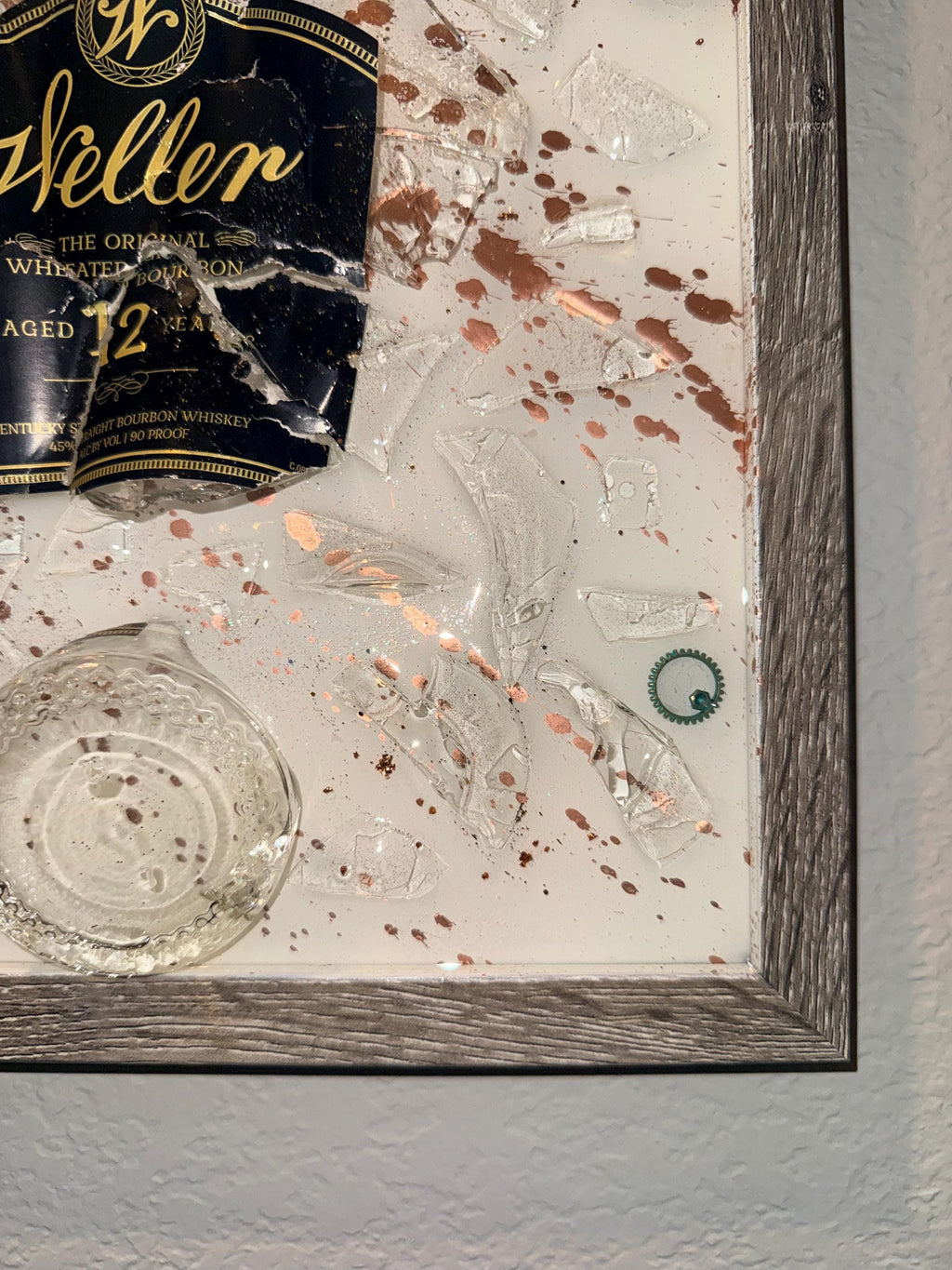Weller 12 Year Black Label Bourbon Whiskey broken bottle wall art