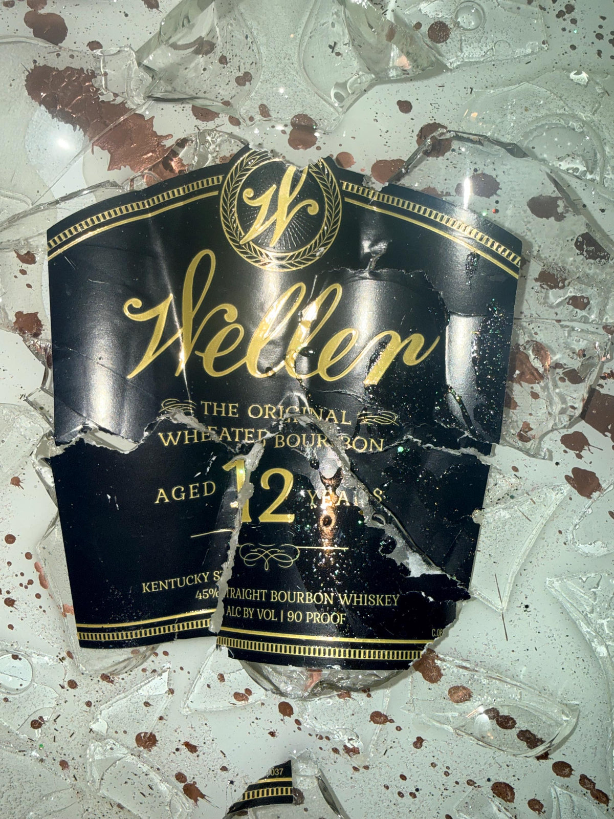 Weller 12 Year Black Label Bourbon Whiskey broken bottle wall art