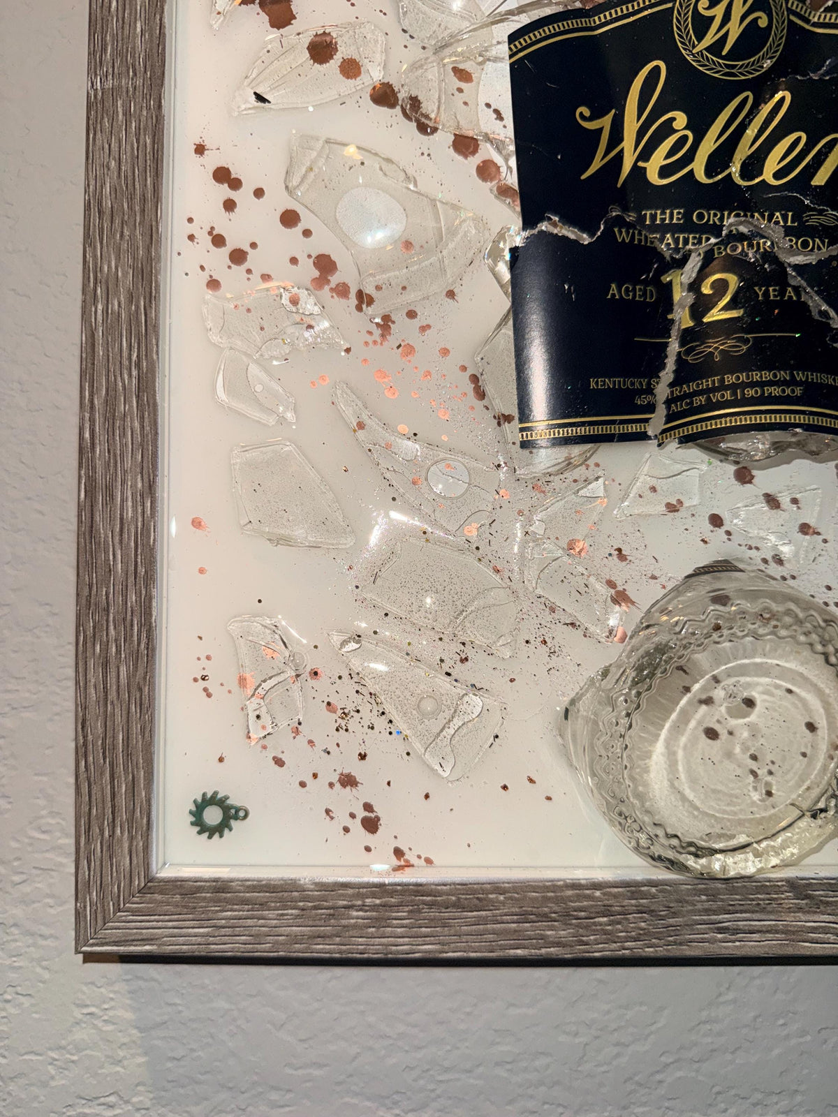 Weller 12 Year Black Label Bourbon Whiskey broken bottle wall art