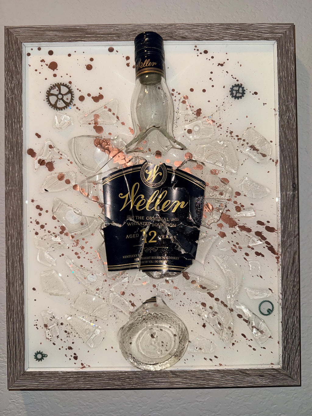 Weller 12 Year Black Label Bourbon Whiskey broken bottle wall art
