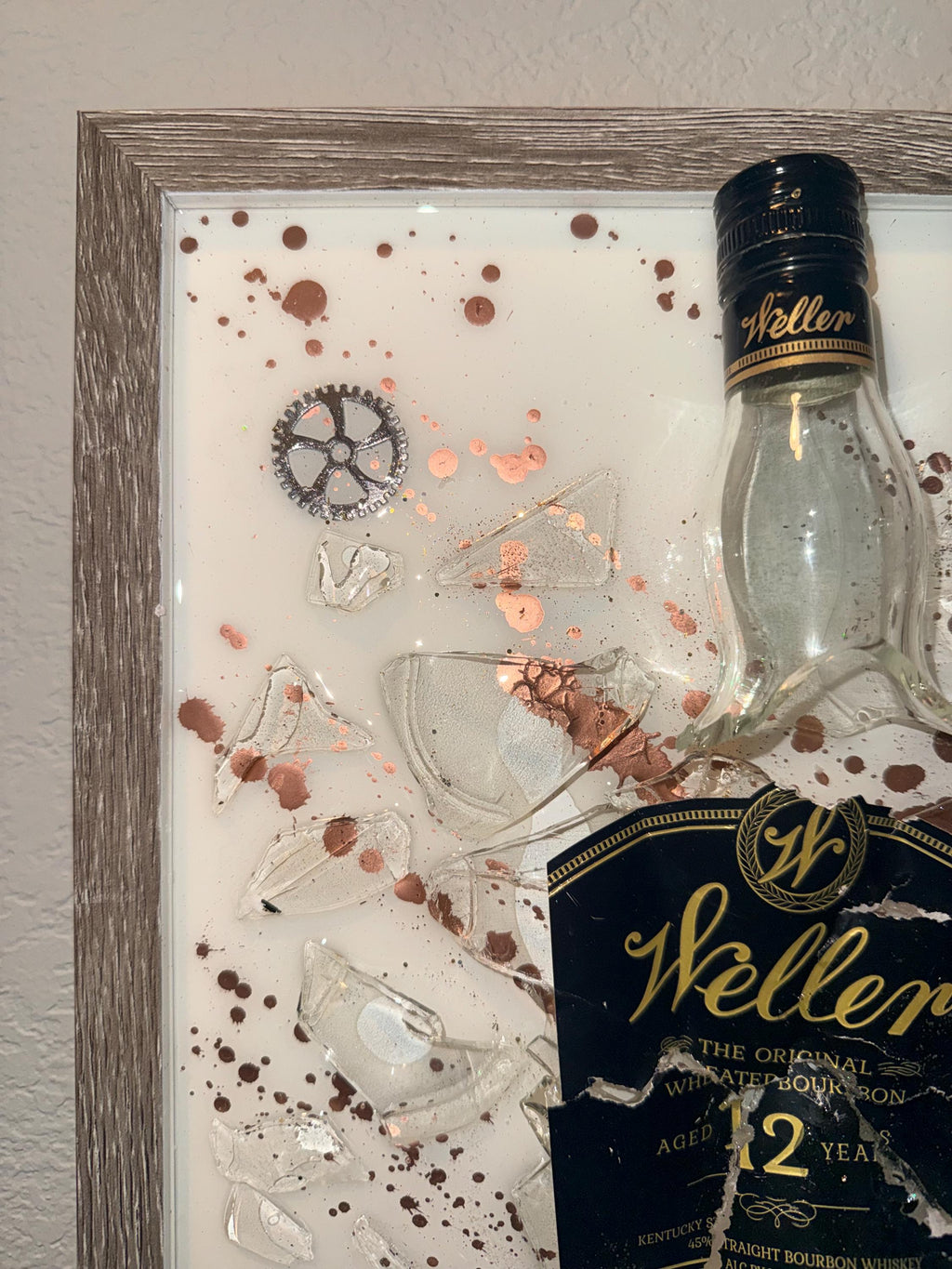 Weller 12 Year Black Label Bourbon Whiskey broken bottle wall art