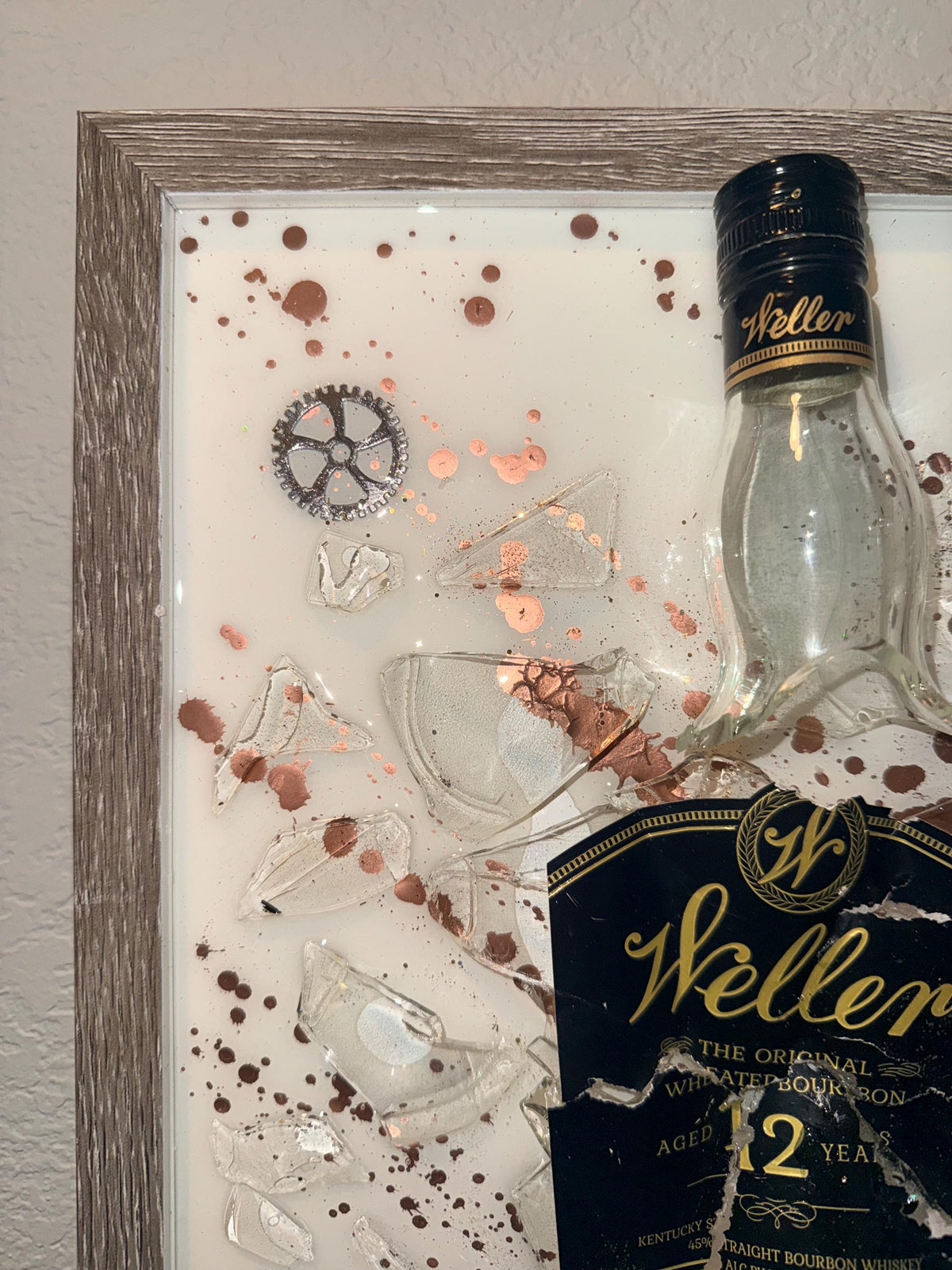 Weller 12 Year Black Label Bourbon Whiskey broken bottle wall art