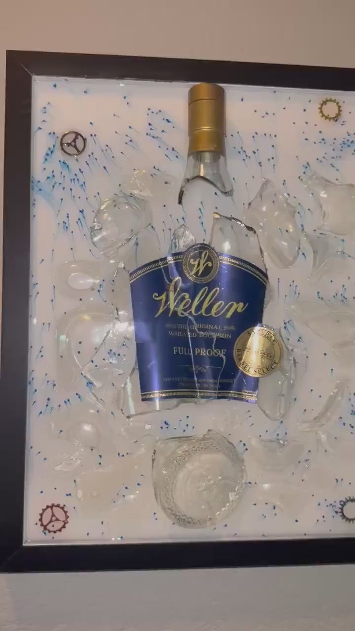 Weller Full Proof Bourbon Whiskey broken bottle wall art