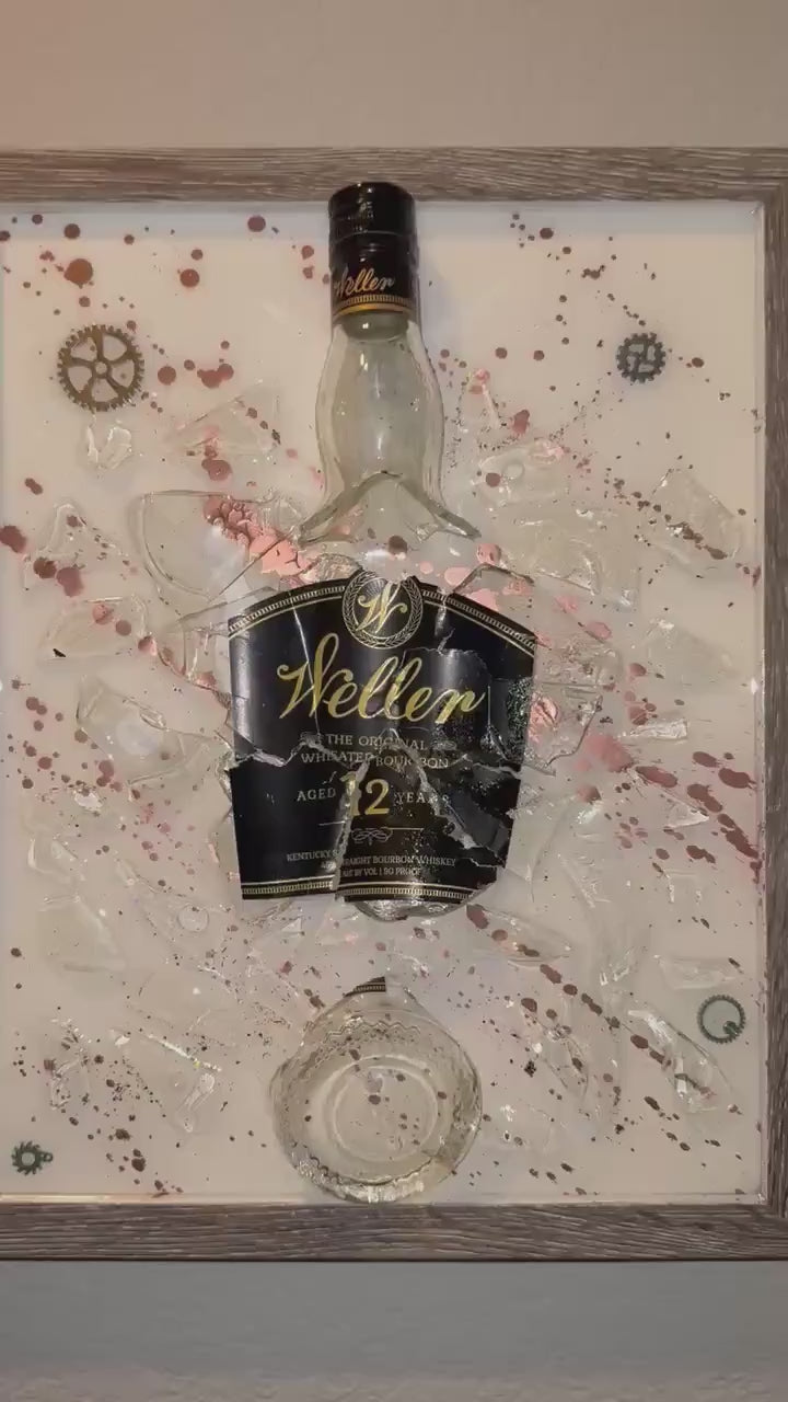 Weller 12 Year Black Label Bourbon Whiskey broken bottle wall art